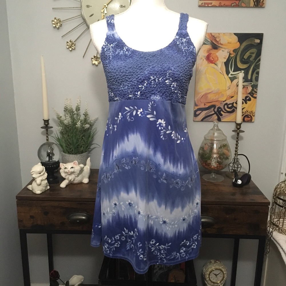 Vintage 90s Up Front Blue Floral Tie Dye Mini Tank Dress